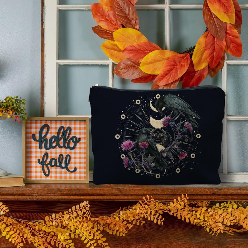 RYYCDOI Goth Raven Makeup Bag, Celestial Sun and Moon Phase Witchy Makeup Bag for Women, Witch Stuff, Halloween Black Crow Floral Cosmetic Bag Toiletry Bag for Women, Black - Image 4